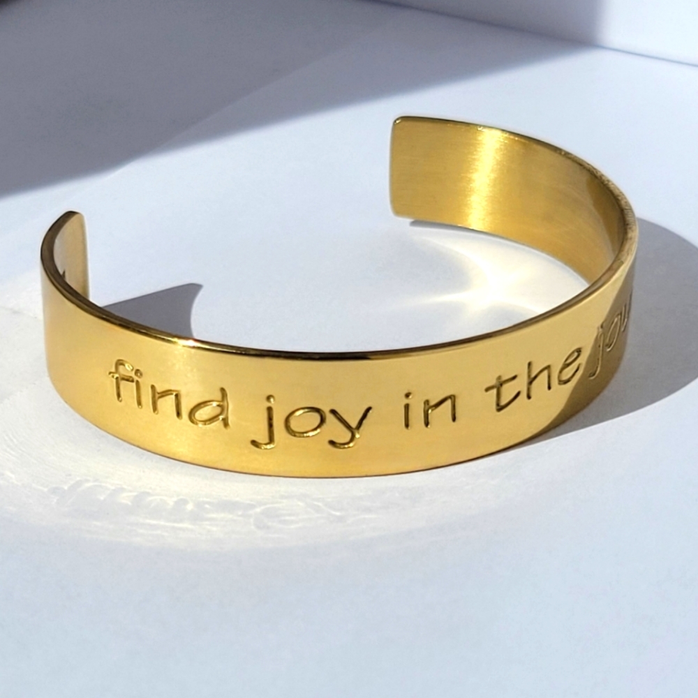 Rustic Cuff Engraved Bangle Bracelet Find Joy in the Journey Gold Plated Brass
